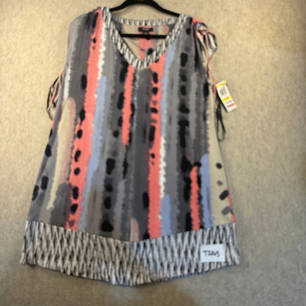 Alfani Petite Tribal Stripes Sleeveless V-Neck Top Coral Grey Blue P/M NWT Y2K